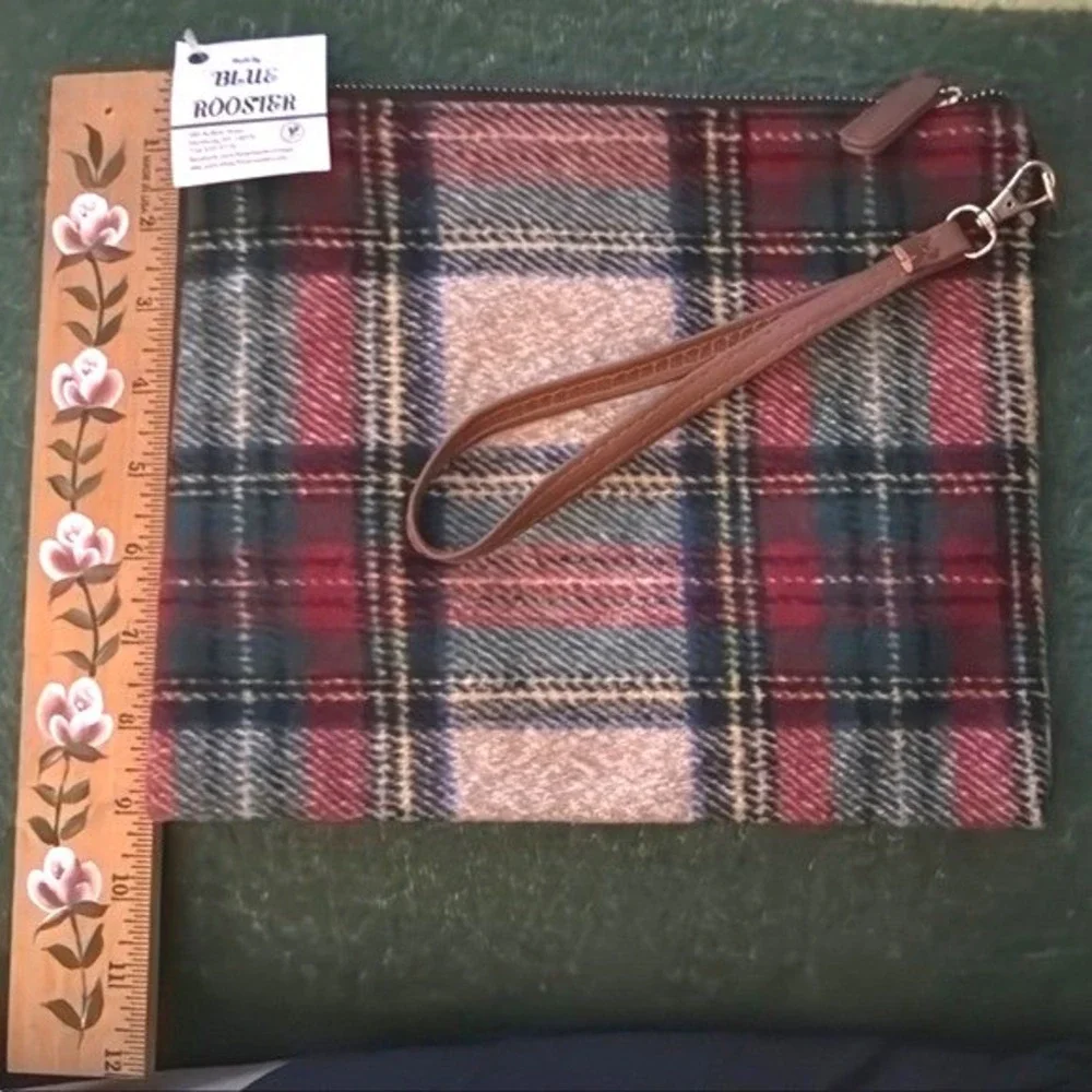 Blue Rooster Plaid Wool Blend Wristlet‎ Pouch Bag Clutch NWT